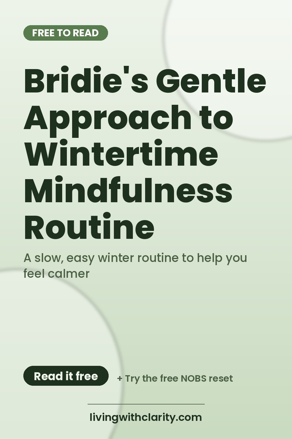 Pinterest pin: "Bridie's Gentle Approach to Wintertime Mindfulness Routine" with the line "A slow, easy winter routine to help you feel calmer", an article from Living With Clarity (livingwithclarity.com).
