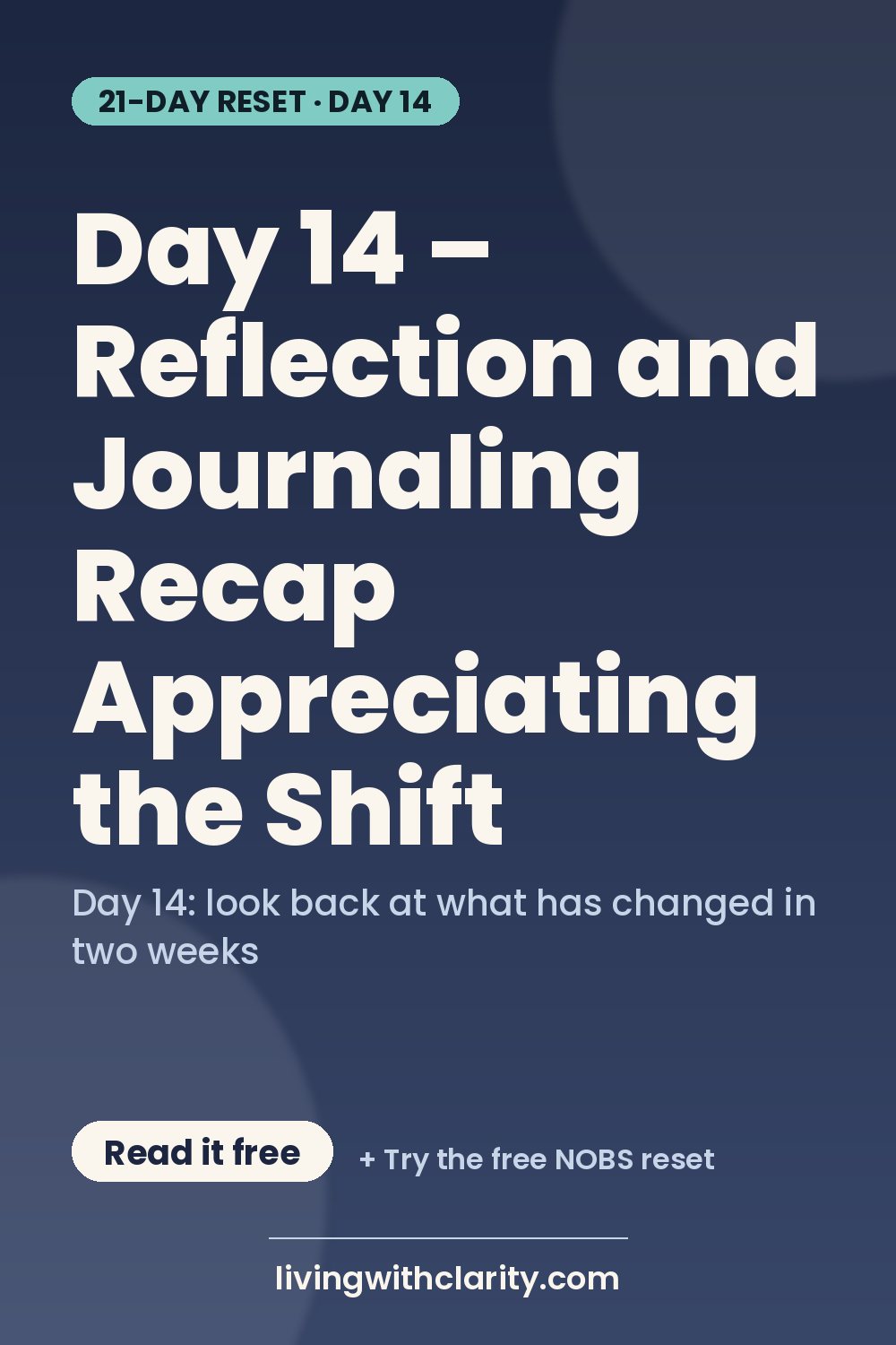 Pinterest pin: "Day 14 – Reflection and Journaling Recap Appreciating the Shift" with the line "Day 14: look back at what has changed in two weeks", an article from Living With Clarity (livingwithclarity.com).