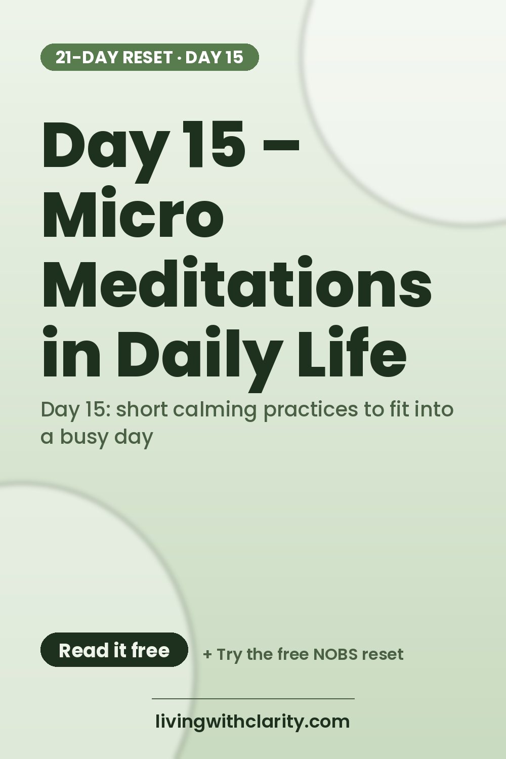 Pinterest pin: "Day 15 – Micro Meditations in Daily Life" with the line "Day 15: short calming practices to fit into a busy day", an article from Living With Clarity (livingwithclarity.com).