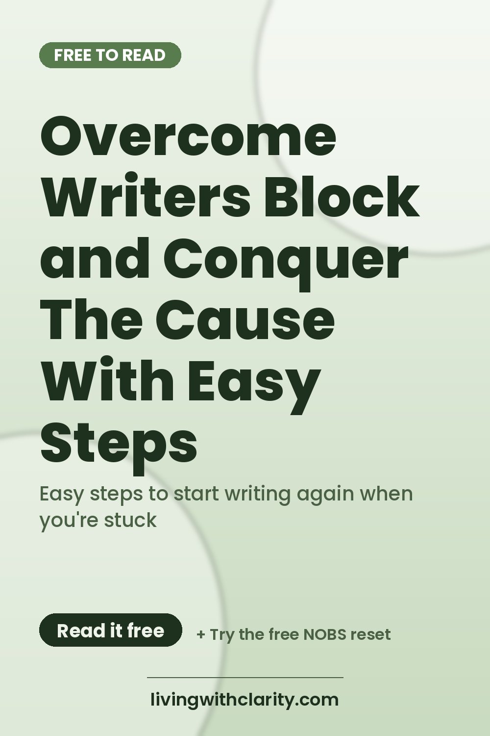 Pinterest pin: "Overcome Writers Block and Conquer The Cause With Easy Steps" with the line "Easy steps to start writing again when you're stuck", an article from Living With Clarity (livingwithclarity.com).