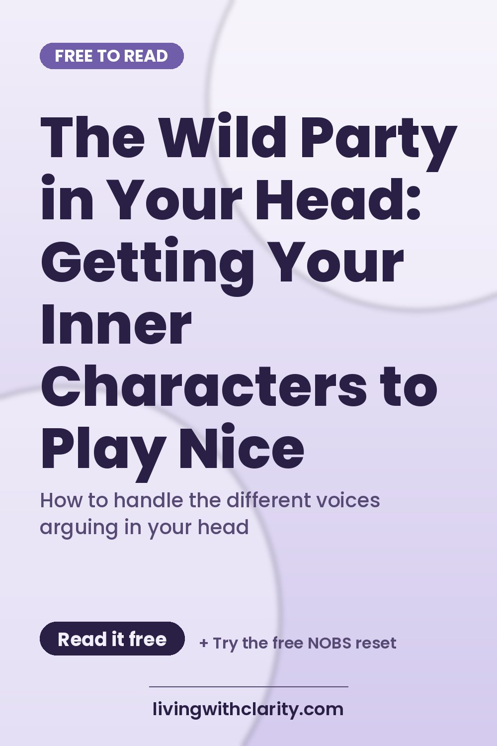 Pinterest pin: "The Wild Party in Your Head: Getting Your Inner Characters to Play Nice" with the line "How to handle the different voices arguing in your head", an article from Living With Clarity (livingwithclarity.com).