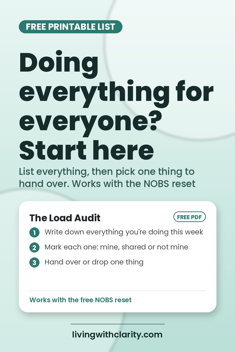 Pin graphic: Doing everything for everyone? Use this one-page list to lighten the load. Free The Load Audit from livingwithclarity.com